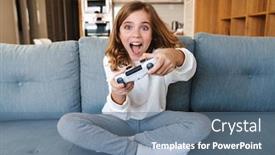  Presentation with video game - Cool new PPT theme with photo-of-excited-nice-girl backdrop and a ocean colored foreground