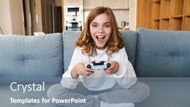  Presentation with video game - Slide set enhanced with photo-of-excited-nice-girl background and a seafoam green colored foreground