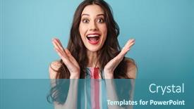  Presentation with photo - Colorful PPT layouts enhanced with photo-of-excited-nice-woman backdrop and a ocean colored foreground