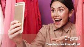  Presentation with selfie - Amazing presentation theme having photo-of-excited-woman-taking backdrop and a coral colored foreground