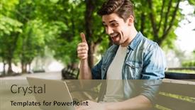  Presentation with man sitting bench - Presentation theme with photo-of-excited-young-man background and a coral colored foreground