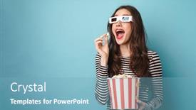 Presentation with movie popcorn - Beautiful slides featuring photo-of-excited-young-woman backdrop and a light blue colored foreground
