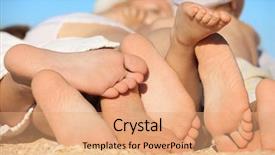  Presentation with family photo - PPT theme featuring photo of family lying on sand on background of blue sky background and a coral colored foreground