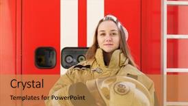  Presentation with fire truck - Presentation featuring photo of fire girl standing background and a gold colored foreground