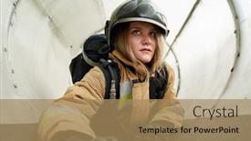  Presentation with firefighter - Beautiful PPT theme featuring photo of firefighter woman backdrop and a coral colored foreground