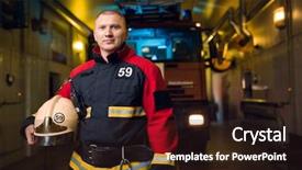  Presentation with fire truck - PPT theme having photo of fireman holding helmet background and a wine colored foreground