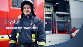  Presentation with engine - Beautiful presentation theme featuring photo of fireman in front backdrop and a ocean colored foreground