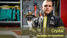  Presentation with small engine - Audience pleasing slides consisting of photo of fireman near fire backdrop and a tawny brown colored foreground