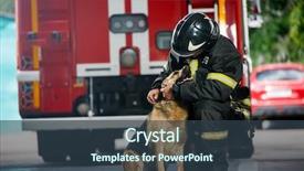  Presentation with fire service - PPT theme featuring photo of fireman squatting next background and a tawny brown colored foreground