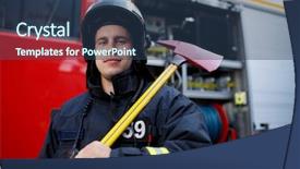  Presentation with fire - Beautiful PPT theme featuring photo of fireman with hammer backdrop and a ocean colored foreground
