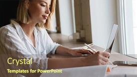  Presentation with photo - Beautiful PPT layouts featuring photo-of-focused-pleased-woman backdrop and a tawny brown colored foreground