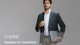  Presentation with takeaway coffee - Colorful presentation enhanced with photo-of-focused-unshaven-businessman backdrop and a gray colored foreground