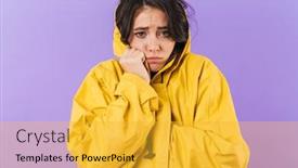 Presentation with purple wall - Presentation design enhanced with photo-of-frozen-cute-brunette background and a yellow colored foreground