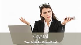  Presentation with formal - Colorful theme enhanced with photo of frustrated female worker businesswoman dressed in formal wear sitting at desk and working on laptop in office isolated over white background backdrop and a gray colored foreground