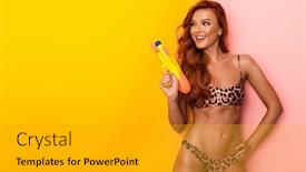  Presentation with multicolor - PPT theme with photo of funny woman wearing leopard bikini looking aside while holding water gun isolated over multicolor background background and a gold colored foreground