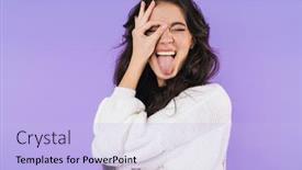  Presentation with purple wall - Presentation theme having photo-of-funny-young-brunette background and a light blue colored foreground
