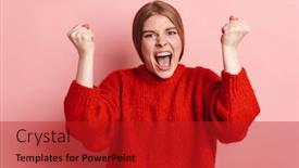  Presentation with photo - Amazing PPT theme having photo-of-furious-blonde-woman backdrop and a crimson colored foreground