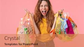  Presentation with bags plastic - PPT theme featuring photo of furious caucasian woman in basic t-shirt holding bags with plastic waste and shouting isolated over pink background background and a coral colored foreground