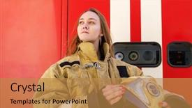 Presentation with fire truck - Cool new presentation design with photo of girl fire looking backdrop and a gold colored foreground