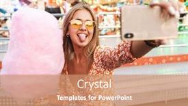  Presentation with amusement park - Presentation design consisting of photo of gorgeous optimistic cute woman walking outdoors in amusement park eat candyfloss take selfie by mobile phone showing tongue background and a coral colored foreground
