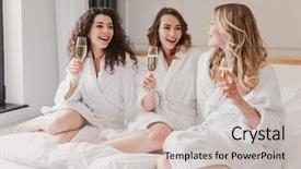  Presentation with luxury hotel - Audience pleasing slides consisting of photo of gorgeous three women backdrop and a soft green colored foreground