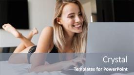  Presentation with linen - PPT layouts having photo of gorgeous woman 20s wearing luxury lingerie using laptop while lying in bed on white linen in modern apartment background and a gray colored foreground