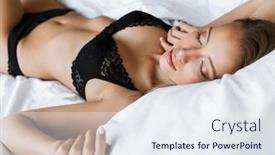  Presentation with linen - PPT layouts having photo of gorgeous woman 20s wearing luxury lingerie smiling while lying in bed on white linen in modern apartment background and a sky blue colored foreground