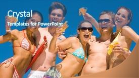  Presentation with teens - Presentation design having photo of group of teens with cocktails looking at camera and laughing while having party background and a ocean colored foreground
