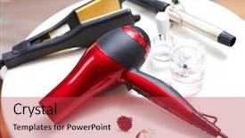  Presentation with bottles - Presentation theme with photo of hair-dryer bottles background and a red colored foreground