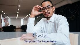  Presentation with coworking - Cool new presentation theme with photo of handsome african businessman wearing glasses sitting at the table and looking at camera coworking backdrop and a sky blue colored foreground