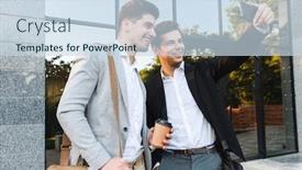  Presentation with takeaway coffee - Audience pleasing presentation theme consisting of photo of handsome businessmen in suits using smartphones for selfie while standing outdoor near building with takeaway coffee backdrop and a sky blue colored foreground