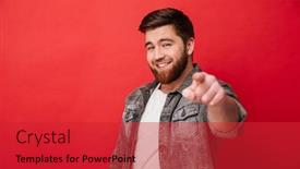  Presentation with cheerful - Cool new PPT layouts with photo of handsome cheerful man 30s in jeans jacket smiling and pointing index finger on camera isolated over red background backdrop and a red colored foreground