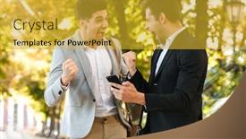  Presentation with green coffee - Cool new presentation with photo of handsome entrepreneurs in suits using smartphone while walking outdoor through green park with takeaway coffee during sunny day backdrop and a gold colored foreground