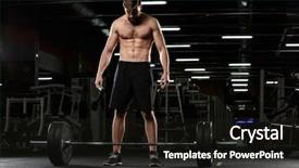  Presentation with barbell - Colorful PPT layouts enhanced with photo of handsome sports man make sport exercises with barbell in gym and looking aside backdrop and a wine colored foreground