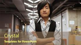  Presentation with coworking - Presentation design consisting of photo of handsome young asian man dressed in jacket and shirt standing with arms crossed indoors and looking at camera coworking concept background and a tawny brown colored foreground