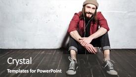  Presentation with cage - Colorful slide deck enhanced with photo of handsome young bearded hipster man wearing hat dressed in shirt in a cage sitting on floor isolated over wall background while listening music with earphones backdrop and a dark gray colored foreground