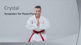  Presentation with kimono - Slide deck having photo of handsome young sportsman sitting on floor in kimono while posing over grey background looking at camera background and a light gray colored foreground