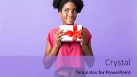  Presentation with african violet - Presentation theme consisting of photo of happy african american woman smiling and holding present box with red bow isolated over violet background background and a light blue colored foreground