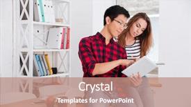  Presentation with project - PPT layouts having photo of happy asian boy wearing glasses and girl dressed in t-shirt in a strip print working together for project while sitting at classroom background and a coral colored foreground