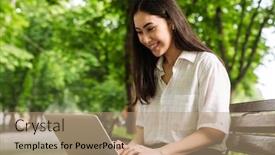  Presentation with laptop wireless - Audience pleasing slides consisting of photo-of-happy-asian-woman backdrop and a coral colored foreground