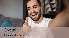  Presentation with bachelor - PPT theme with photo of happy bachelor 30s background and a coral colored foreground