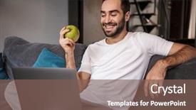  Presentation with bachelor - Cool new slide deck with photo of happy bachelor 30s backdrop and a violet colored foreground