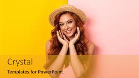  Presentation with multicolor - Audience pleasing PPT theme consisting of photo of happy beautiful woman wearing straw hat looking at camera and smiling isolated over multicolor background backdrop and a gold colored foreground