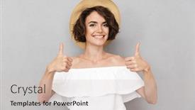  Presentation with straw - Beautiful PPT layouts featuring photo of happy brunette woman 20s wearing straw hat looking at you and showing thumbs up with smile isolated over gray background backdrop and a soft green colored foreground