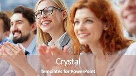  Presentation with photo - PPT theme enhanced with photo of happy business people background and a coral colored foreground