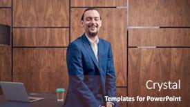  Presentation with photo - Slide set enhanced with photo of happy businessman standing near table with laptop background and a tawny brown colored foreground