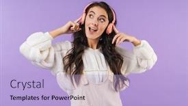  Presentation with purple wall - Beautiful PPT theme featuring photo-of-happy-cheery-brunette backdrop and a light blue colored foreground