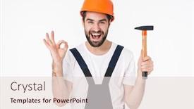  Presentation with builder - PPT theme enhanced with photo-of-happy-cheery-young background and a lemonade colored foreground