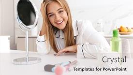  Presentation with makeup - PPT theme enhanced with photo-of-happy-cute-woman background and a soft green colored foreground