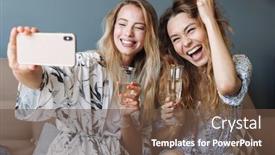  Presentation with mobile home - Cool new PPT theme with photo of happy emotional cheery cute optimistic women at home drinking champagne take selfie by mobile phone backdrop and a tawny brown colored foreground
